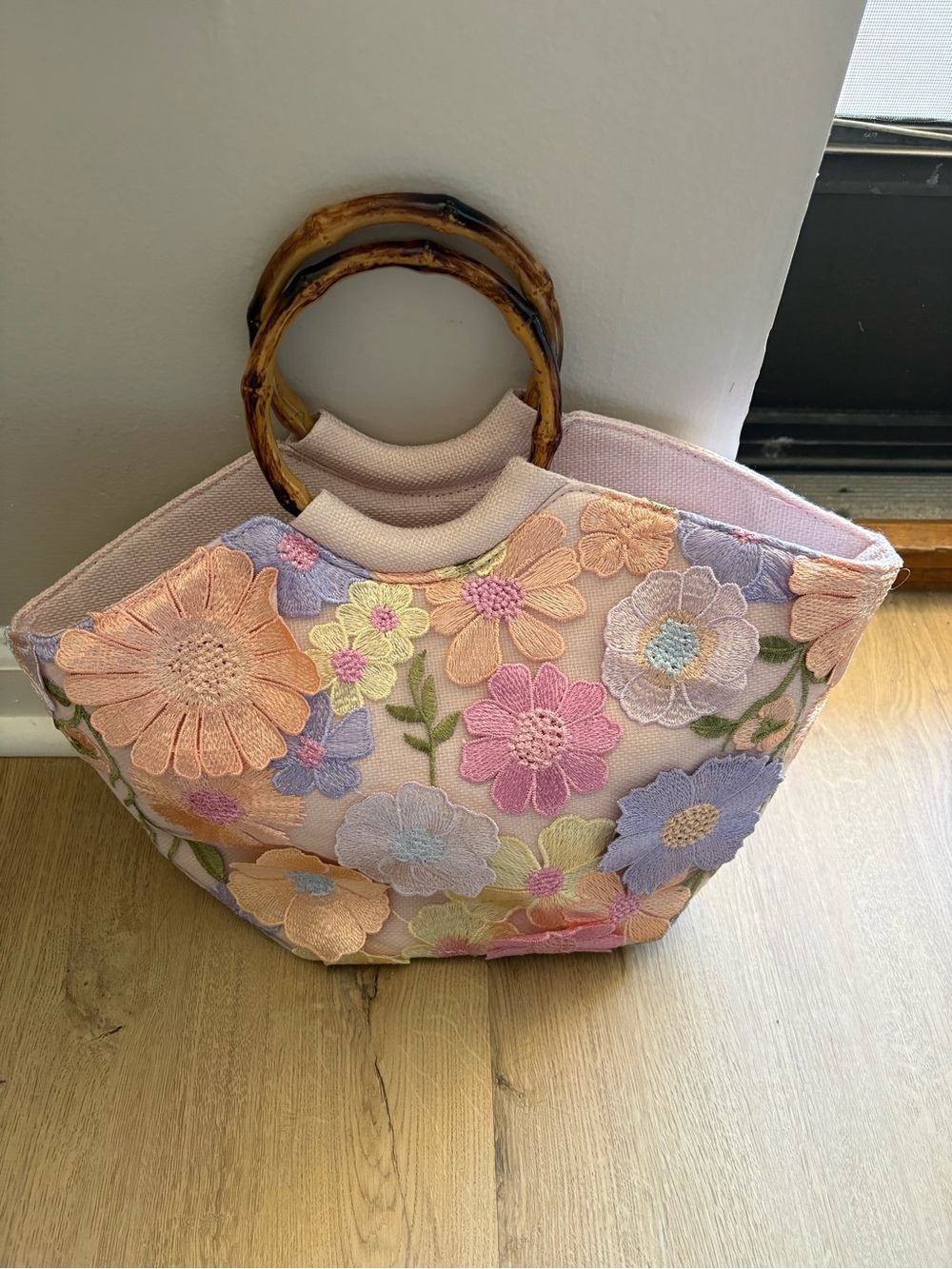 Floral Embroidered Pink Tote Bag with Bamboo Handles